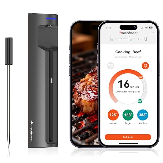 Pro WiFi Wireless Meat Thermometer, Smart App Monitoring, Meat Probe Thermometer, IP67 Waterproof, Digital Wireless Meat Thermometer for BBQ, Oven, Grill, Smoker