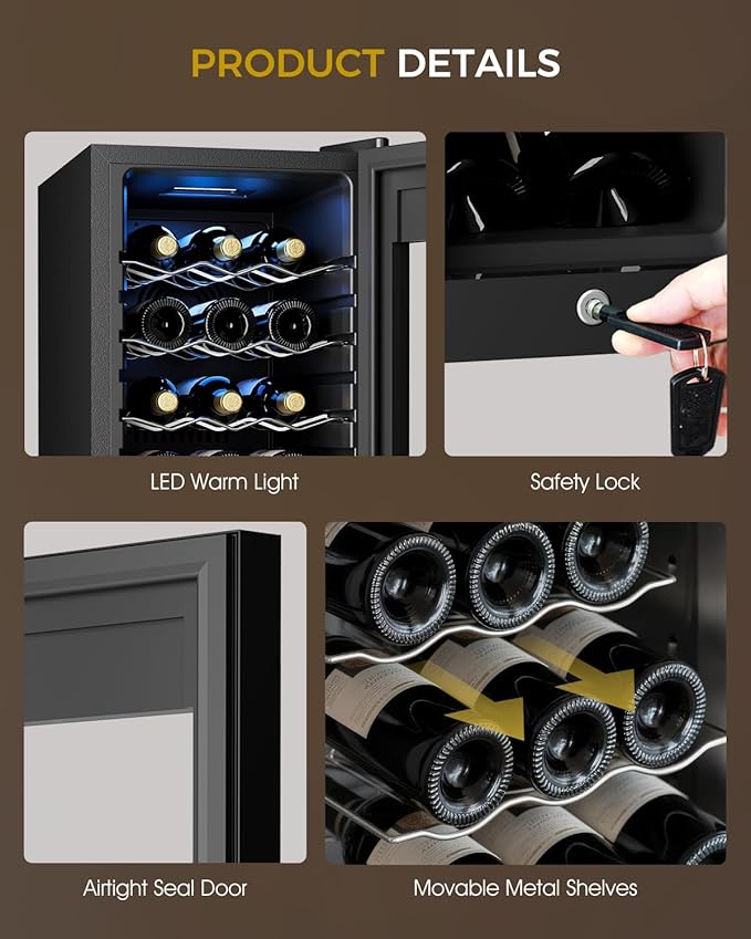 18 Bottle Compressor Wine Cooler Refrigerator - 1.58 Cu.Ft Freestanding Wine Cellar for Red, White, Champagne, Small Wine Fridge with Glass Door & Adjustable Temperature for Home Bar, Office