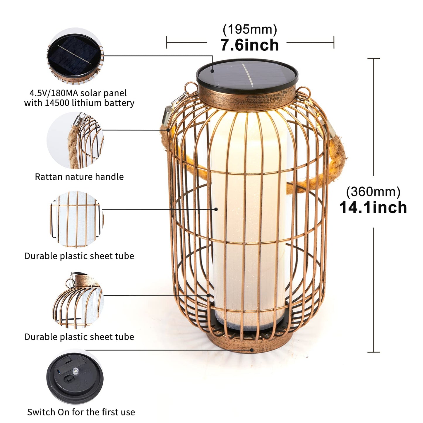 baterysu Solar Lantern - Waterproof LED Hanging Light, Retro Metal, Bronze, Model HIA512.V7, Ideal for Outdoor Garden, Patio, Porch, Walkway