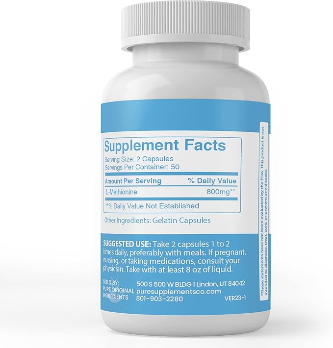 Pure Original Ingredients L-Methionine (100 Capsules) Always Pure, No Additives Or Fillers, Lab Verified