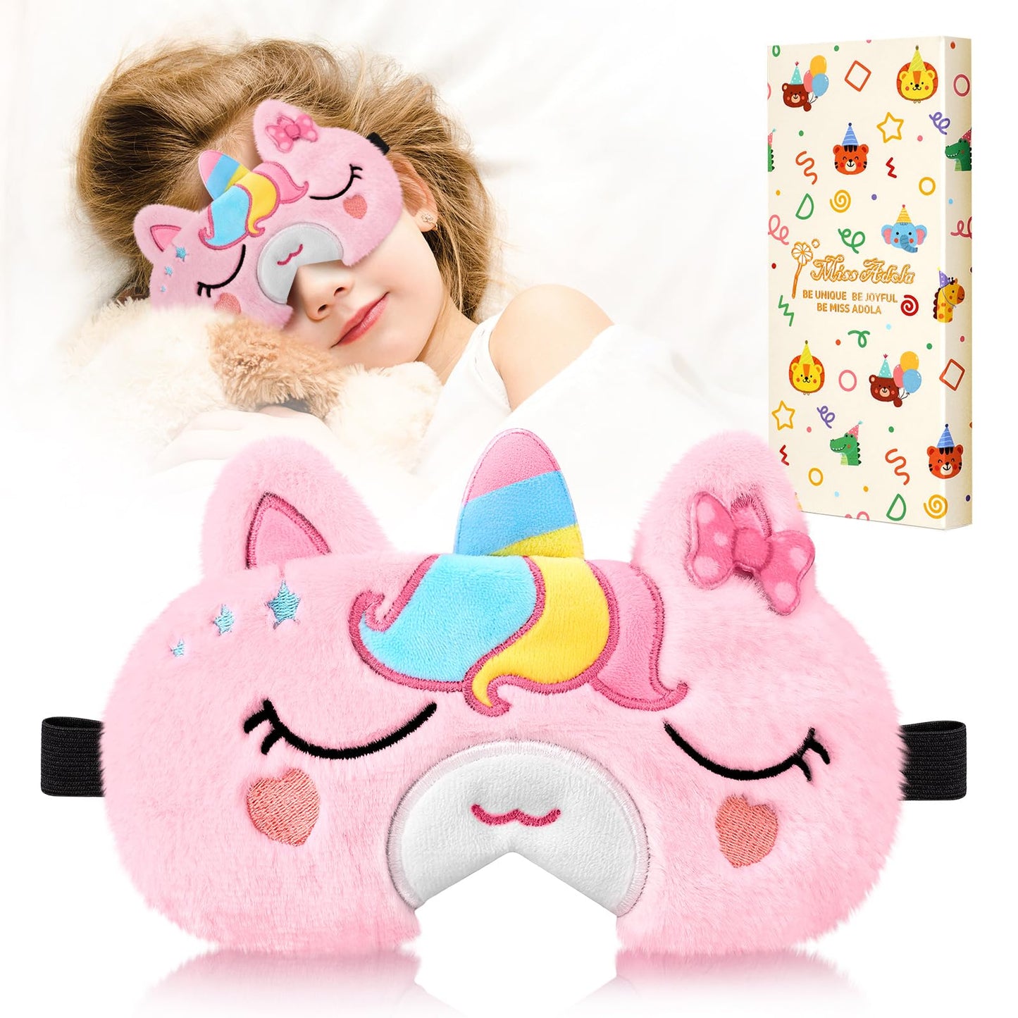 Miss Adola Sleep Mask for Kids - Cute Cartoon Plush Fuffy Sleeping Eye Cover Bow Unicorn Kawaii Soft Eyeshade with Adjustable Strap Animal Eye Blindfold for Kids Girls Boys Teens