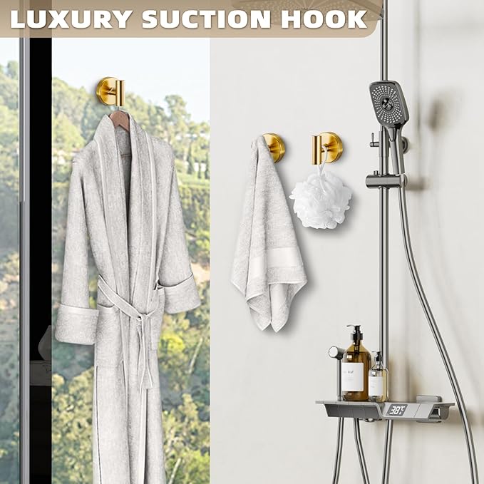 Suction Cup Hooks for Shower - Bathroom Reusable Hooks for Towels, Robes & Loofah - No-Drill Mounting on Kitchen,Walls,Metal,Glass,Mirrors,Tile & Smooth Non-Porous Surfaces (2, Brushed Gold)