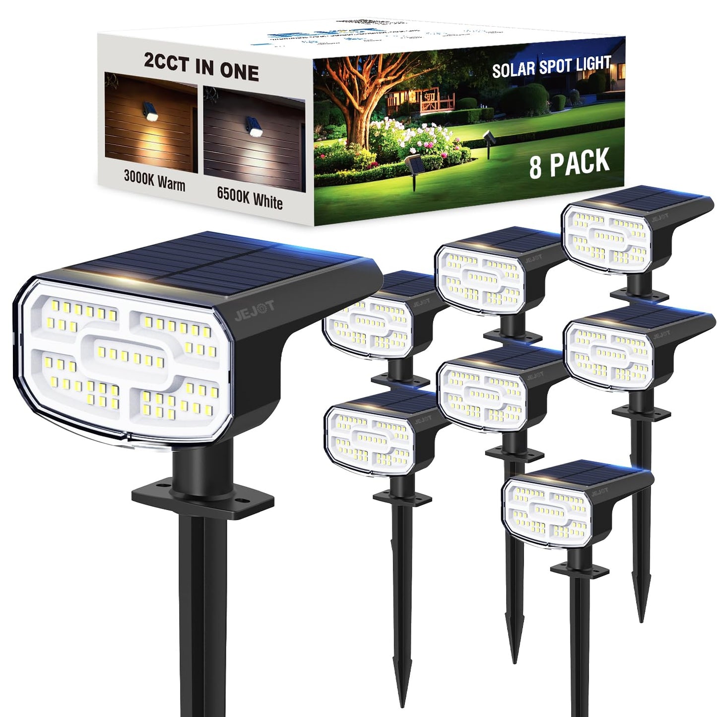 Jejot Solar Lights Outdoor Waterproof Ip65  Super Bright Led  2Cct 4 Lighting Modes 3000K/6500K Selectable  Solar Powered Yard Garden Solar Spot Lights For Outside Landscape Auto On/Off -8 Pack