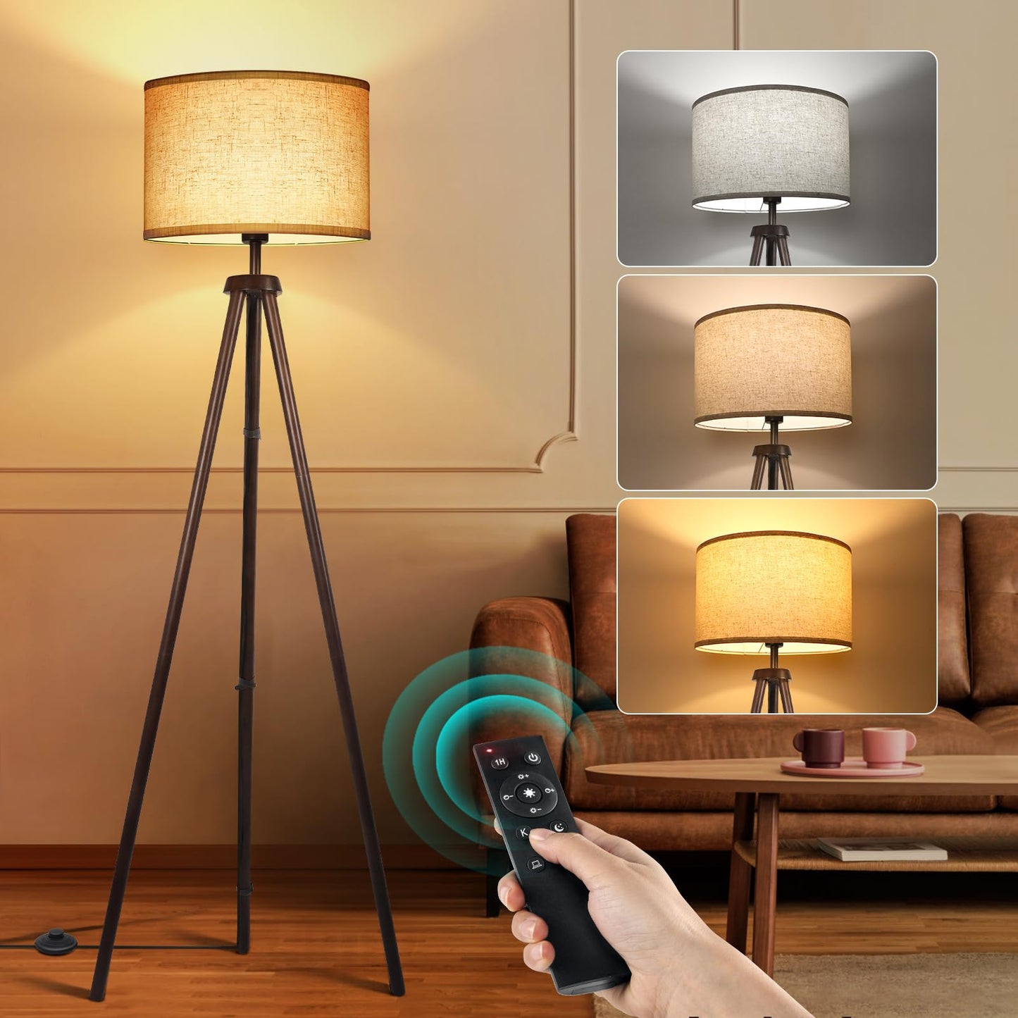 OUTON Wood Tripod Floor Lamp - Mid Century LED Dimmable with Remote, 4 Color Temperatures, Dark Walnut, Sturdy Beige Linen Shade