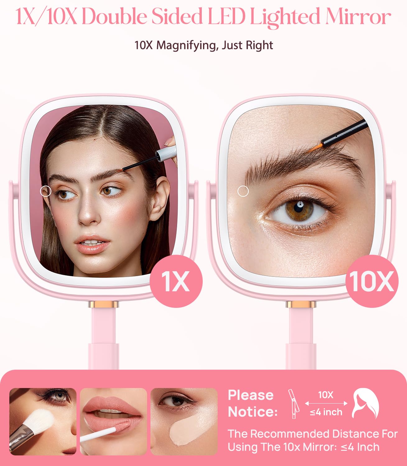 Gospire Rectangle Lighted Makeup Mirror with Lights 3 Color, Height Adjustable and 1X/10X Magnifying, 4000mAh Rechargeable Batte