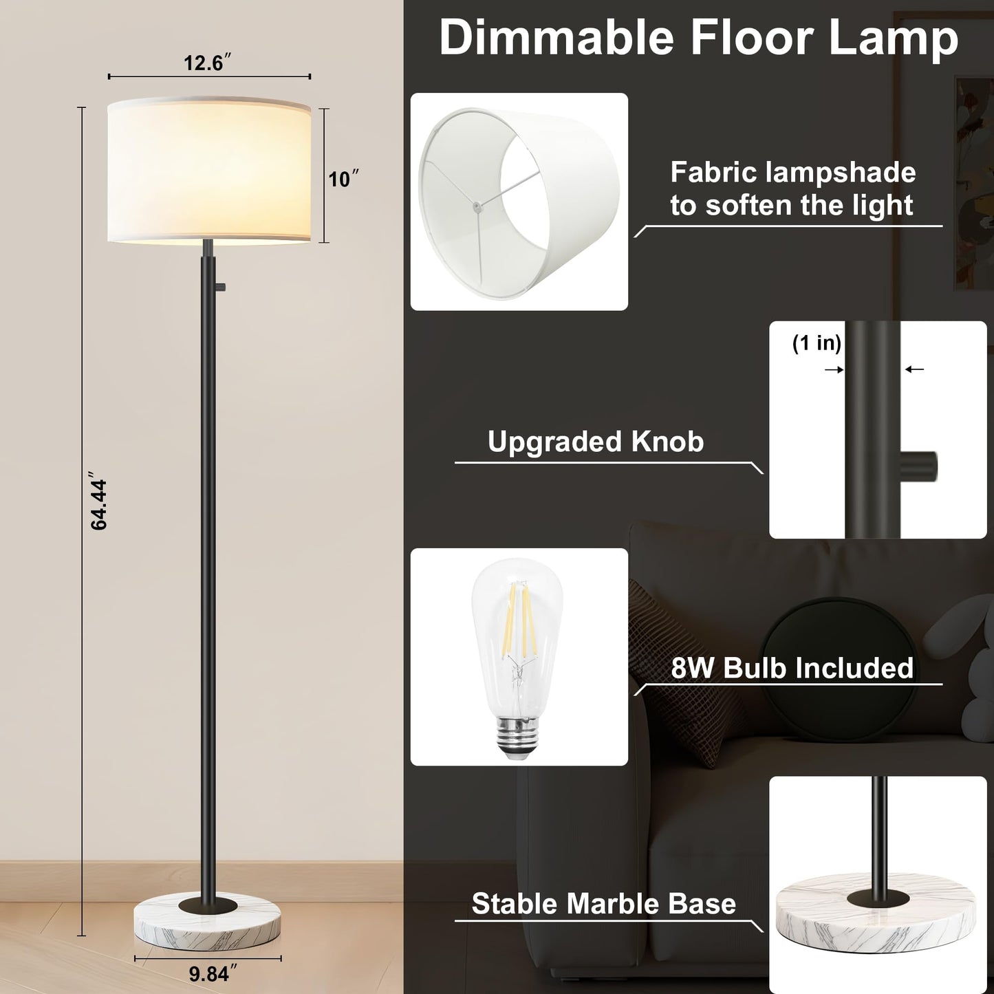 Aulaiyi Modern Floor Lamp, Tall Standing Lamp with Marble Base, LED Bulb Included, WK012-Black, Natural Linen