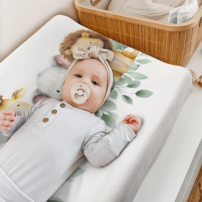 HawSkgFub Safari Jungle Baby Animal Leaf Changing Pad Cover, Natural Elephant Giraffe Zebra Lion Tiger Diaper Change Table Covers, Soft Stretchy Safe Snug Fitted Changing Mat Sheets Fit 32"/34" x 16"