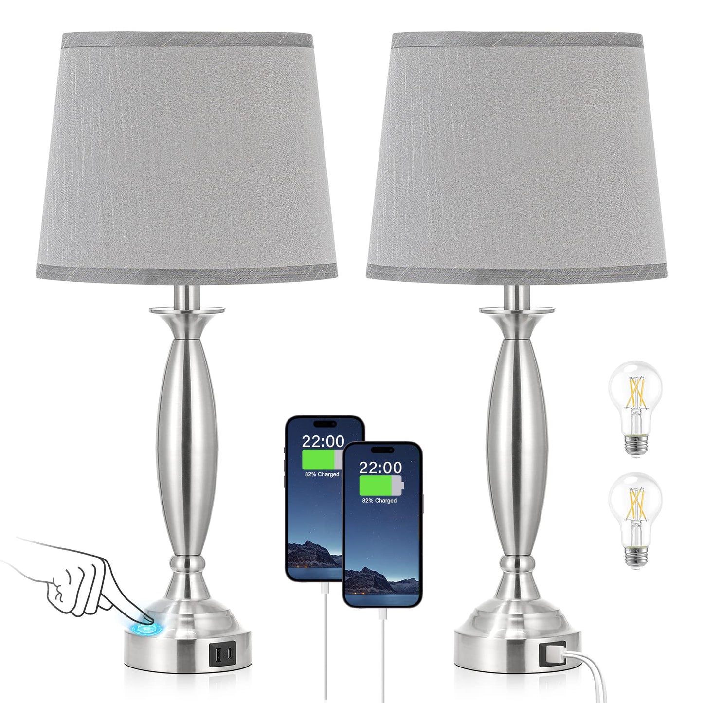 Seealle Touch Control Bedside Lamp Set of 2, 3 Way Dimmable, Metal, 22.5in, A. Grey Shade and Nickel Base