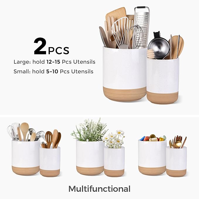 AmorArc Ceramic Utensil Holder, 7.25"+5.4" Cooking Utensil Crock for Countertop, Kitchen Countertop Organizer with Rustic Terracotta Underside for Spatula, Set of 2