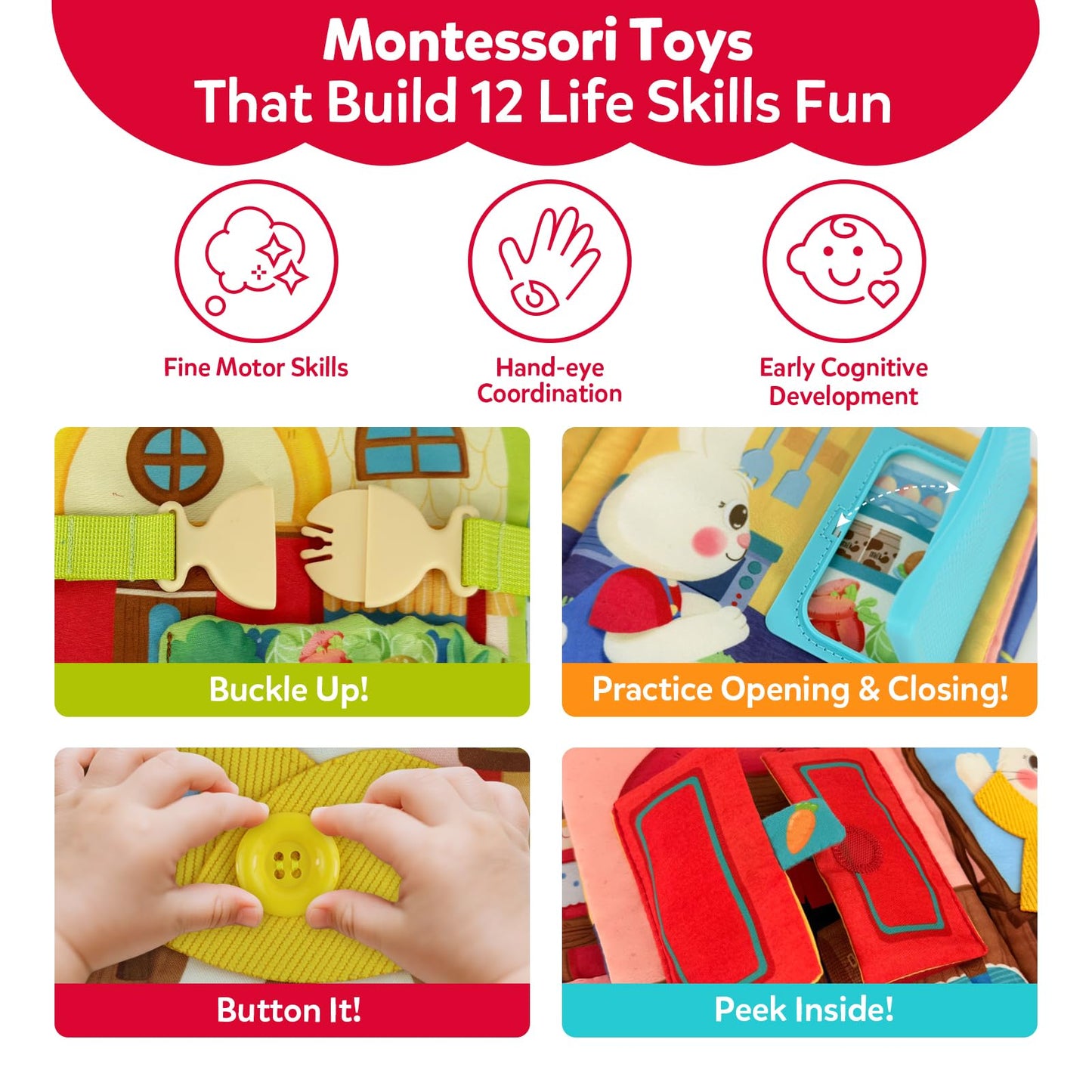 CuteZone Montessori Busy Book for Toddlers 1-3,Busy Board with 12 Sensory Activities & Fine Motor Skills,Travel Toys for Airplane Car,Educational Learning Gift for 1 2 3 Year Old Boys Girls