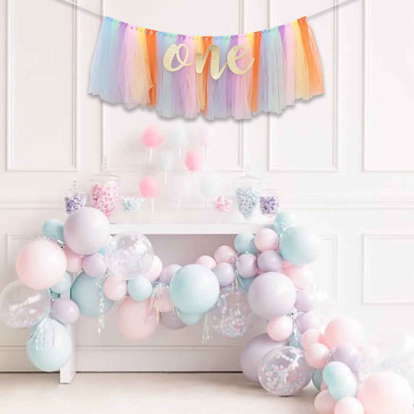 Rainbow High Chair Banner for 1st Birthday - Unicorn Theme Party Decoration with Tulle Tutu, Adjustable 'One' Pennant, 80in Ribbon - Baby Shower, Birthday, Thanksgiving
