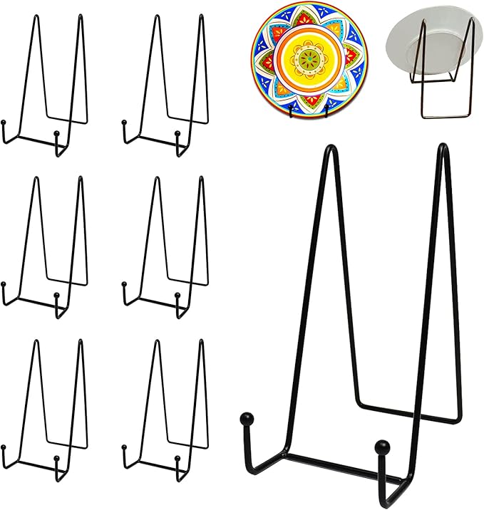 7 Pack 8 Inch Large Plate Stands for Display, Metal Black Plate Holder Display Stand, Picture Frame Stands for Book, Photo Easel, Decorative Plates