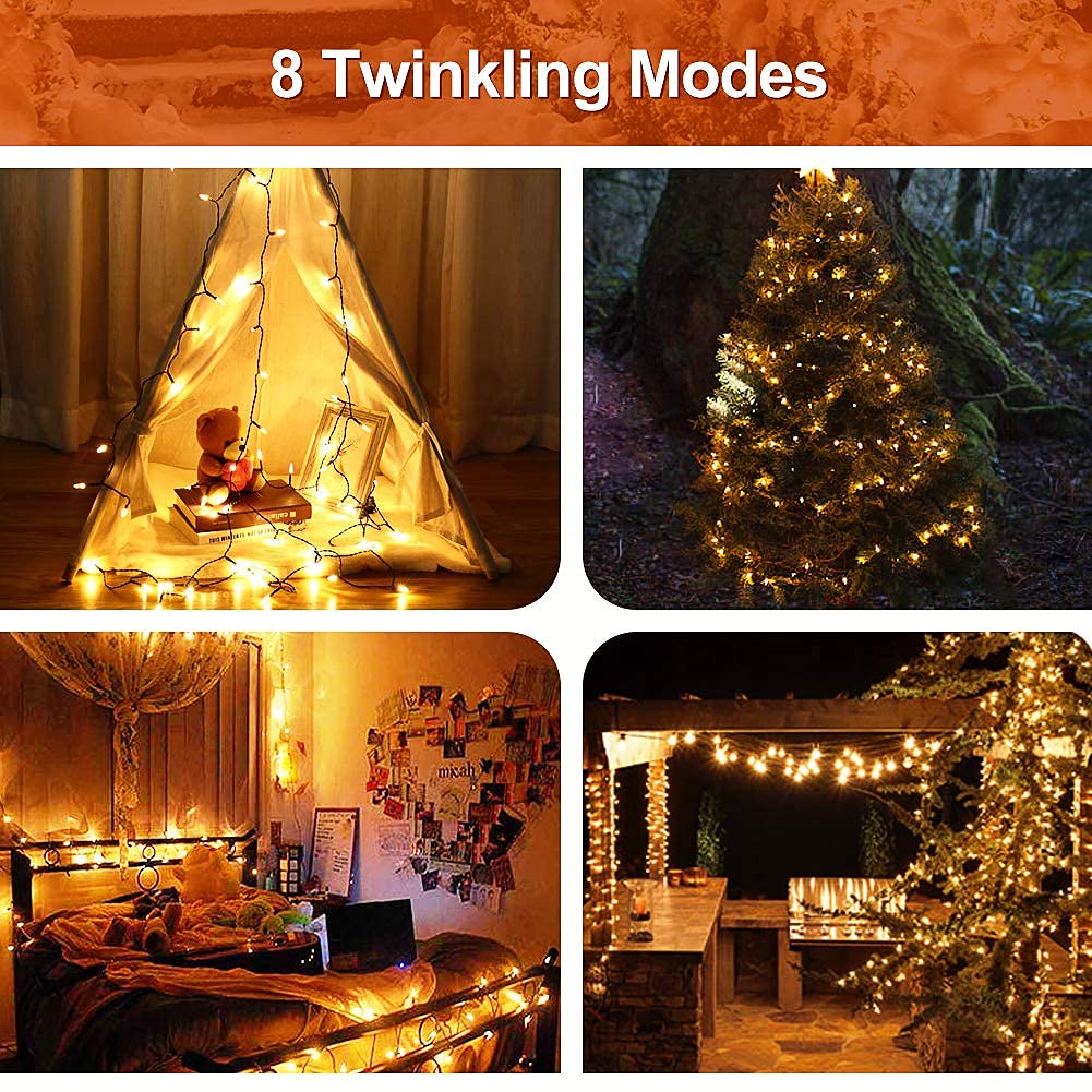 Mashang 50 Led Battery Operated String Lights, Warm White, Green Wire, 8 Modes, Waterproof For Indoor/Outdoor Xmas Decor