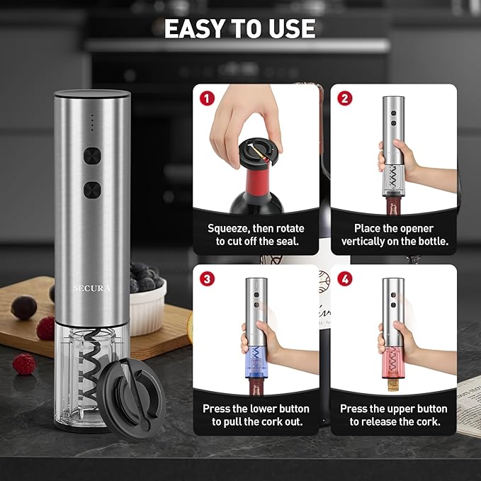 Secura Stainless Steel Electric Wine Opener, Rechargeable Automatic Wine Bottle Opener with Foil Cutter & Charging Cable, Reusable Corkscrew Wine Opener Electric for Home Party Bar Outdoor, Silver
