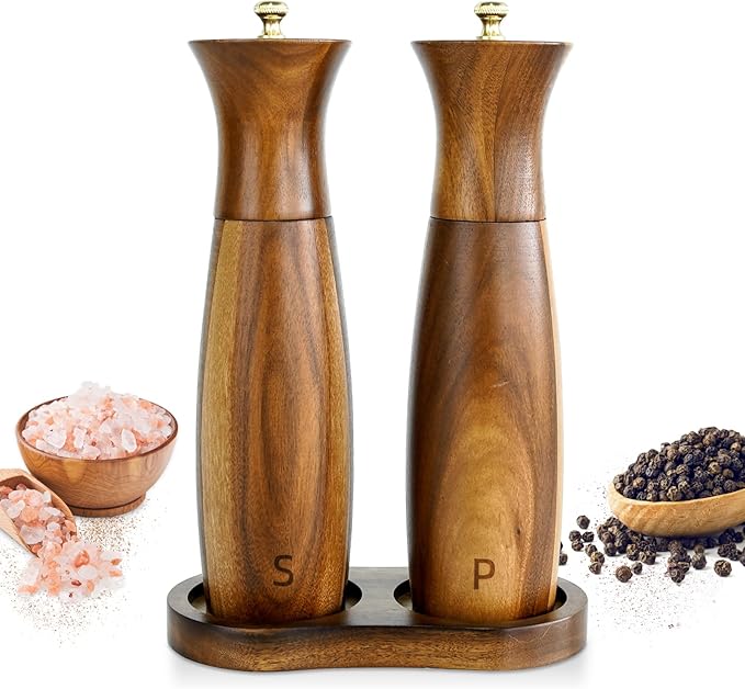 Acacia Wood Salt and Pepper Grinder Set with Base – 8" Refillable Mills with Ceramic & Stainless Steel Core for Kitchen Cooking, Dining & Parties,Gift for Cooking Enthusiasts