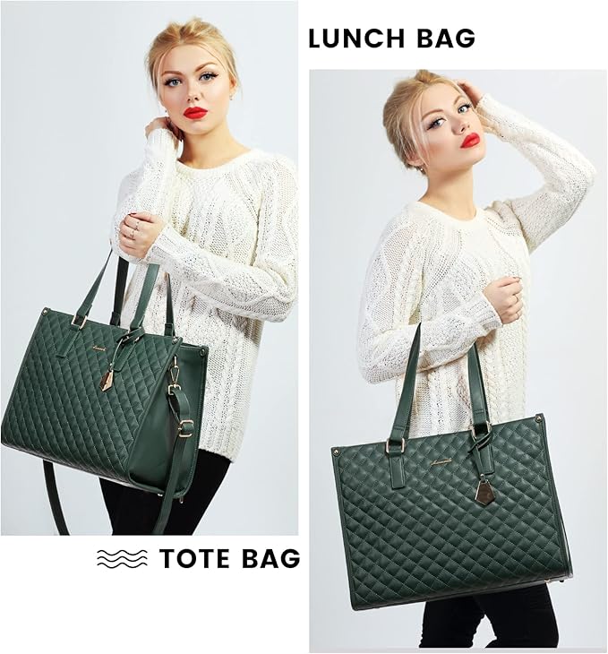 LOVEVOOK Lunch Tote Bag for Women, 15.6 Inch Laptop Bag with Insulated Lunch Compartment, Quilted Large Capacity Computer Handbag with Purse for Business, Work, Nurse, Collage, Office, Casual, Green