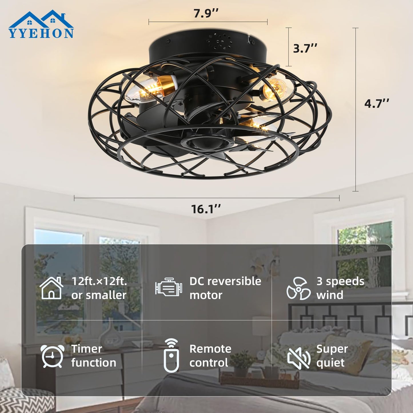 Yyehon Caged Ceiling Fan With Lights And Remote Control, Flush Mount Bladeless Chandelier Fan, 16.1 Low Profile Fandelier For Be