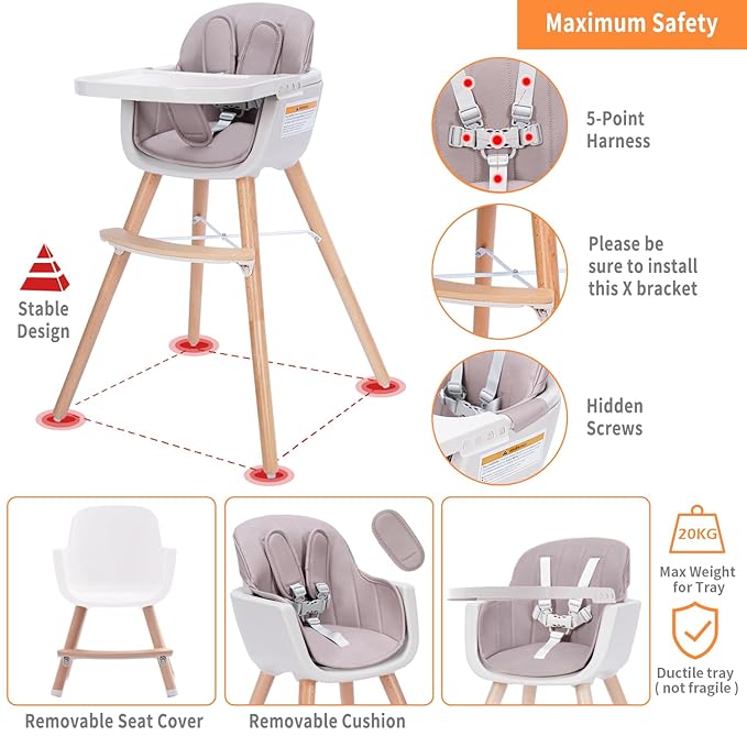 Mallify 3-in-1 Convertible Wooden High Chair, High Chairs for Babies and Toddlers, Baby High Chair with Adjustable Legs & Dishwasher Safe Tray, Made of Sleek Hardwood & Premium Leatherette, Pink