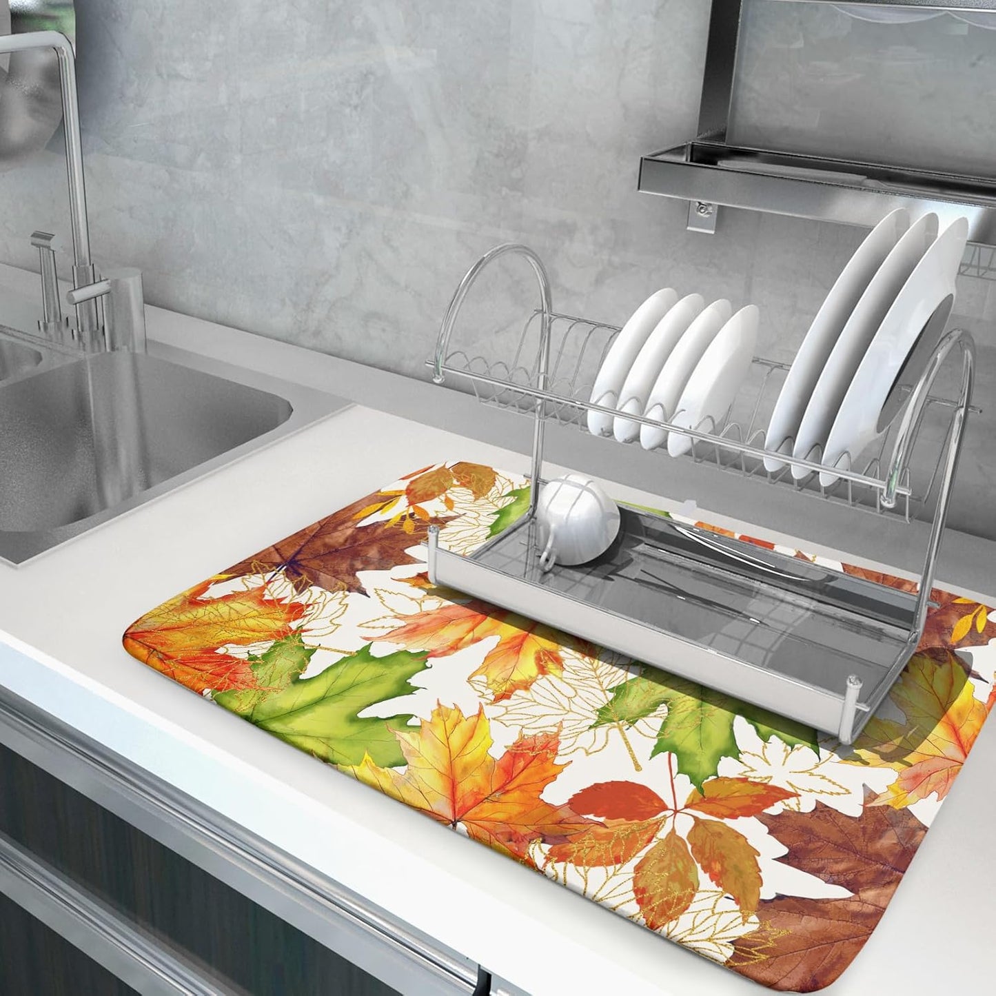 Fall Leaf Dish Drying Mat for Kitchen Counter 18x24 Inch Autumn Harvest Thanksgiving Maple Leaves Absorbent Reversible Microfiber Dish Drainer Rack Mats Countertops Protector Mat