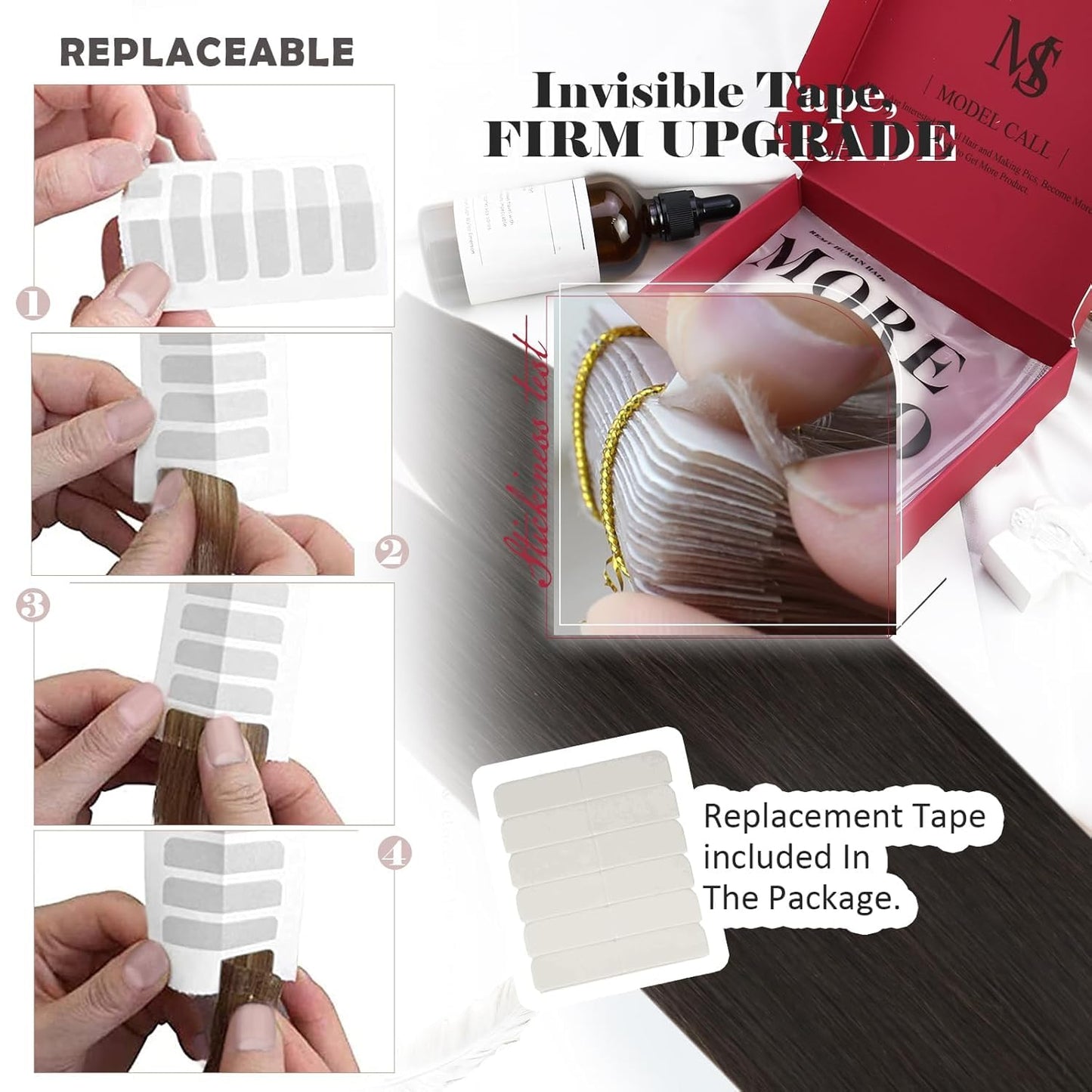 Moresoo 40 Pcs Human Hair Extensions Tape in Brown Tape in Hair Extensions 16 Inch 100g Extensions Real Human Hair Glue in Exten