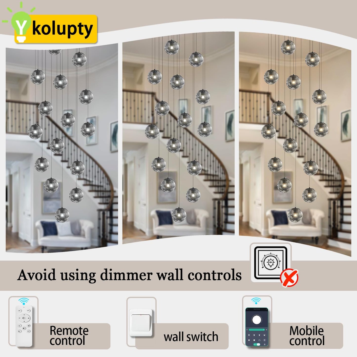 Ykolupty H138 Modern Smoke Gray Glass Globe Chandelier Large Chandeliers For High Ceiling 15-Lights Entryway Modern Lighting Fixture Glass Globe Pendant Light For Living Room Foyer Hallway