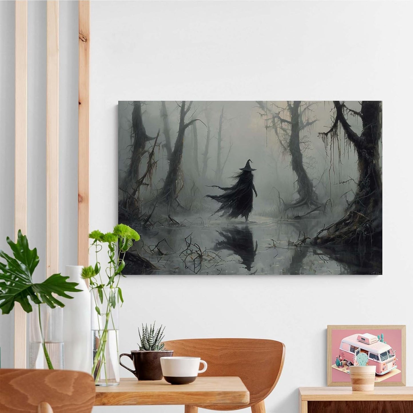Vintage rustic swamp witch poster dark moody wall art gothic horror season halloween print for home decor retro dark moody painting20x30in Wood Framed