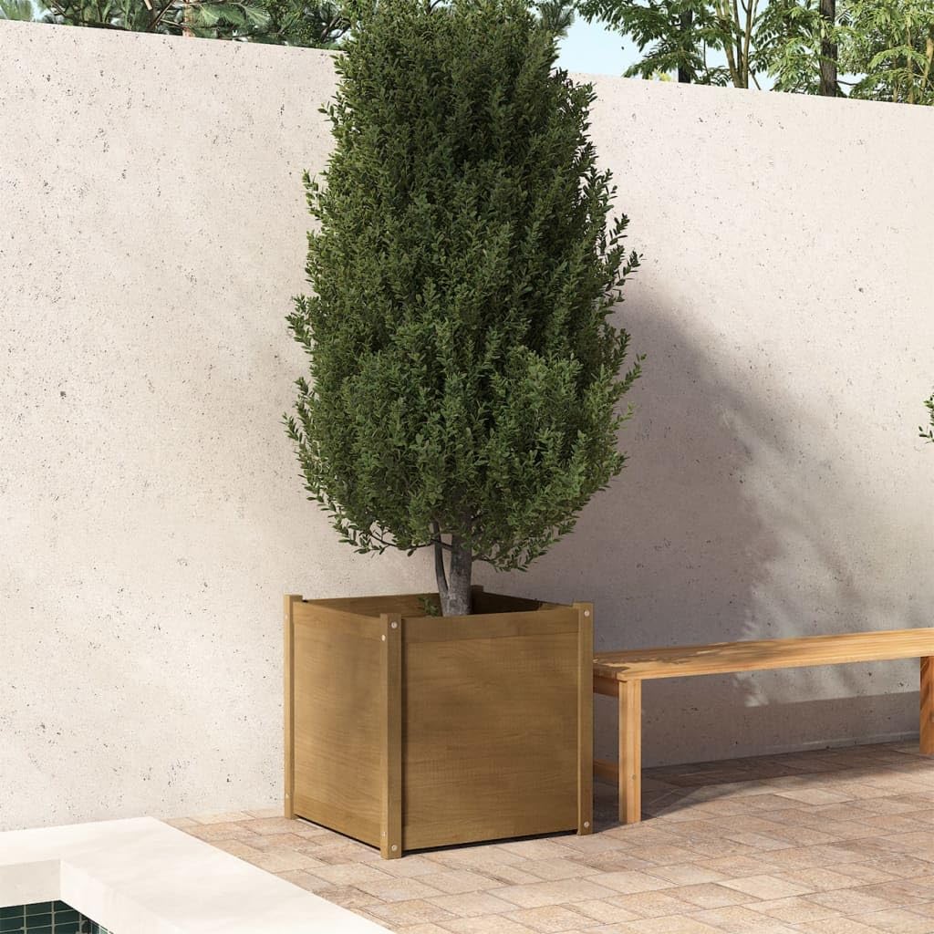 WXGTBKPR Square Garden Planter Box, 23.6-Inch Large Wooden Flower Bed for Outdoor Patio, Balcony, Backyard, Sturdy Solid Pine Wood Honey Brown Finish