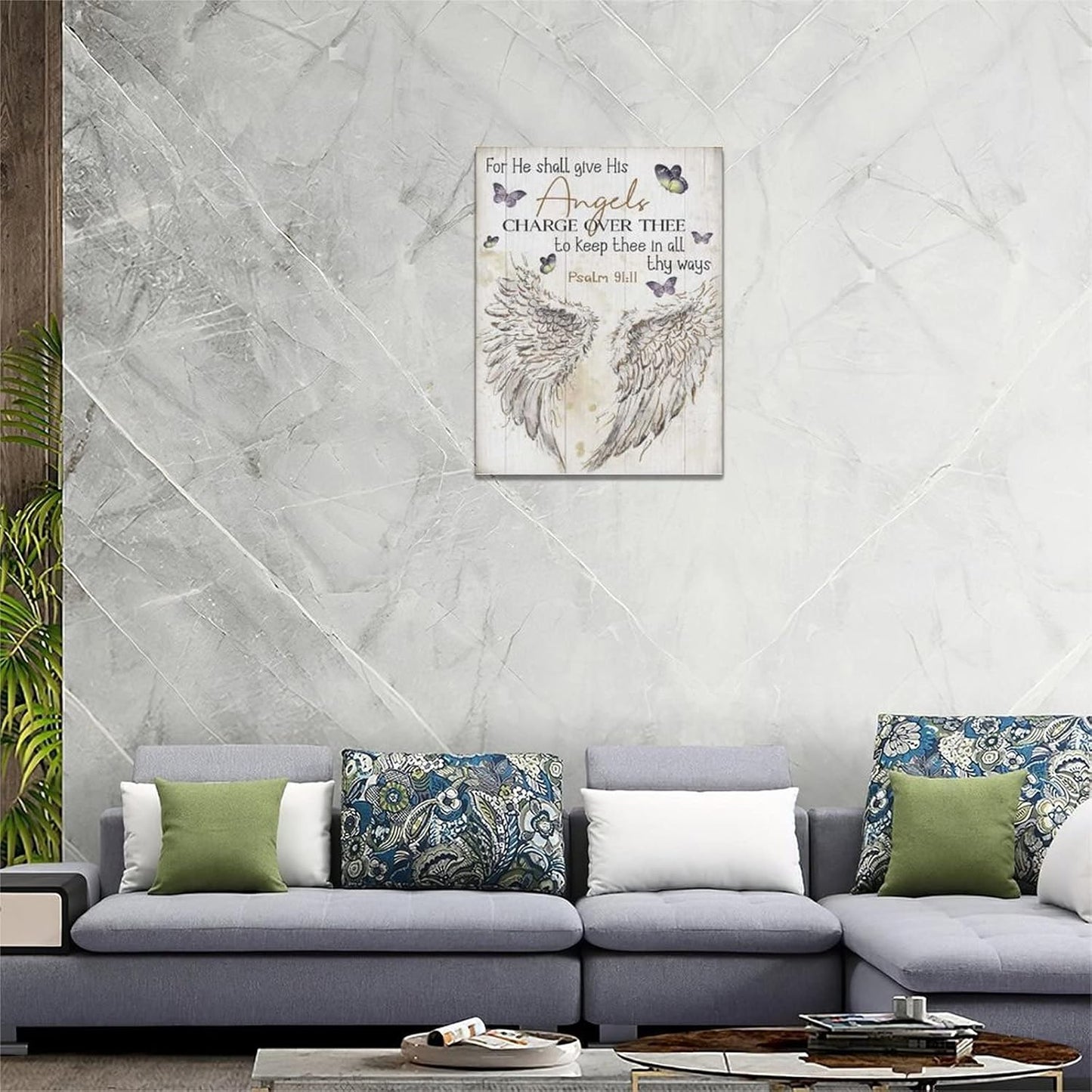 Scripture Psalm 91 Wall Art Christian Angel Wings Pictures Wall Decor Bible Verse Canvas Painting Print Artwork Abstract Modern Home Decorations Framed Ready to Hang for Office Living Room 12"x16"