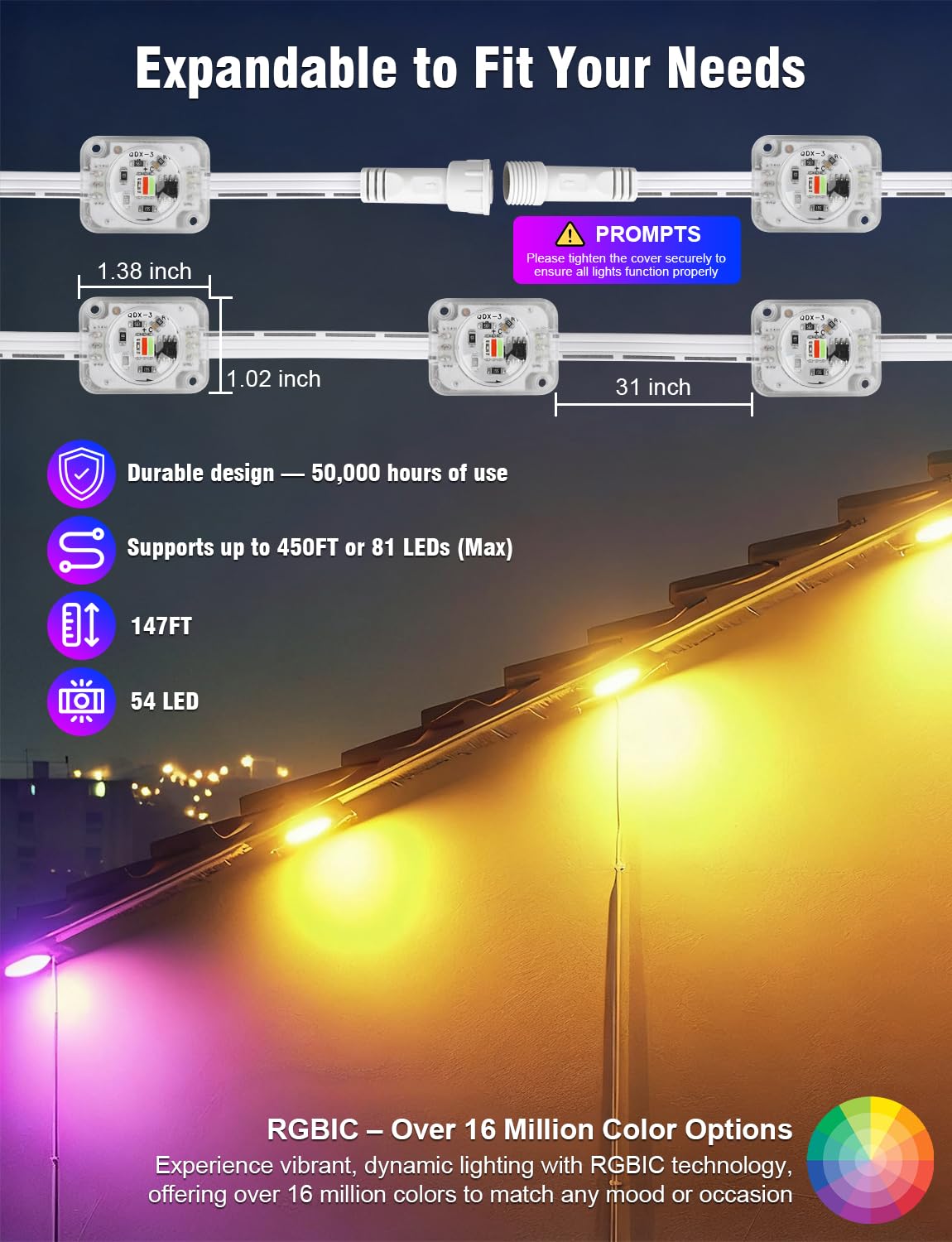 Permanent Outdoor Lights 147Ft With 54 Rgbic Led Smart Led Lights  App/Remote Control Ip68 Waterproof For Holiday Decor  50 Scene Modes  Diy Lights Lighting Timing For Christmas Halloween Party M2