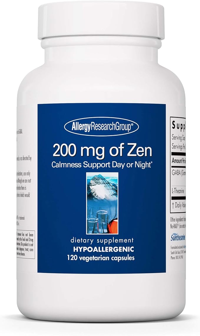 Allergy Research Group 200mg of Zen Supplement - GABA, L-Theanine, Calmness Support, Day or Night, Hypoallergenic, Vegetarian Capsules - 120 Count
