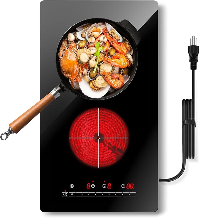 Double Electric Burner Hot Plates for Cooking, 12 Inch Portable Electric Stove, 2000W Inch Countertop & Built-in Radiant Ceramic Glass Cooktop with Silder Contorl