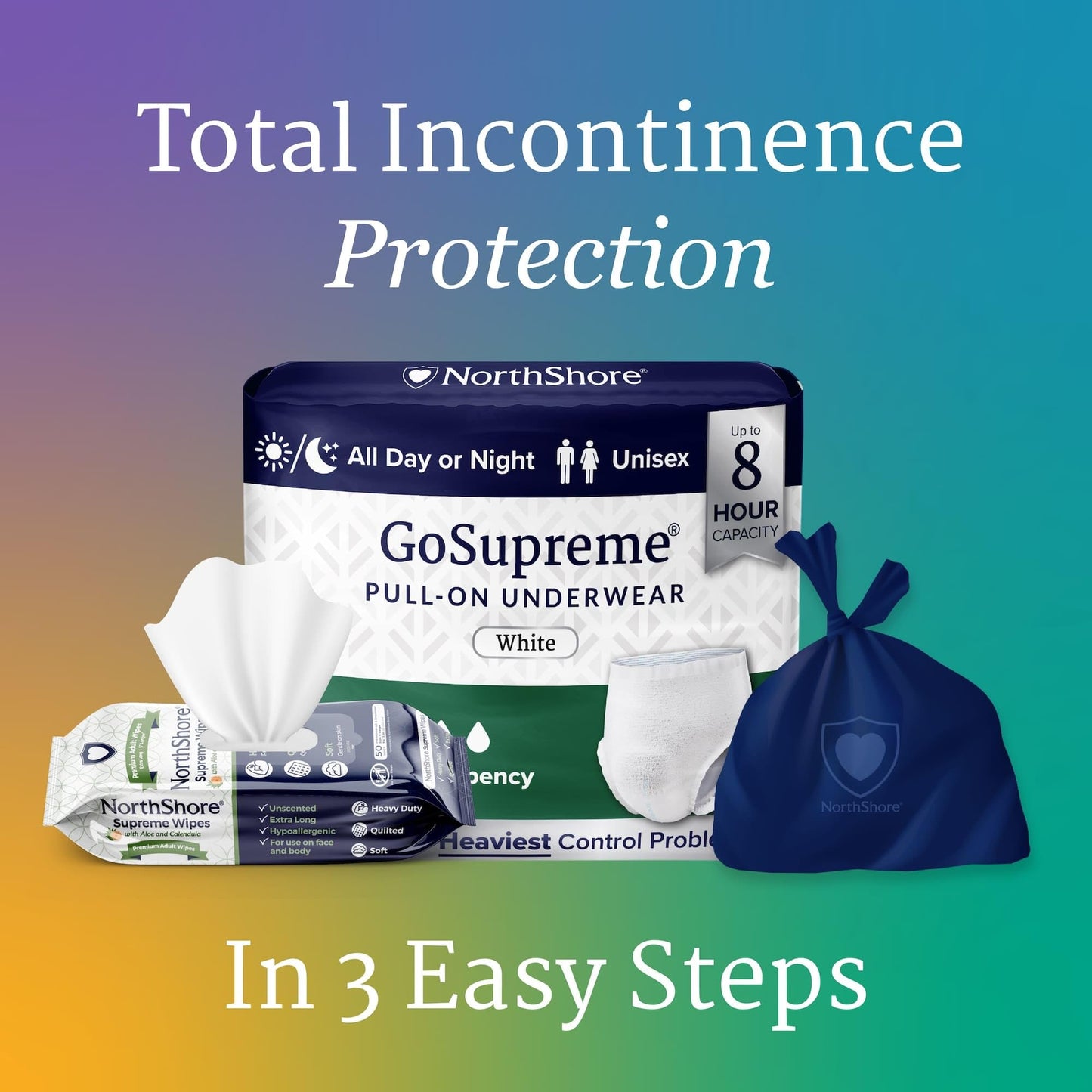 NorthShore GoSupreme Overnight Pull-On Underwear, 8-Hour Leak Protection, Large, 14-Count Bag, White, (36-48 in Waist), Unisex Adult Diapers