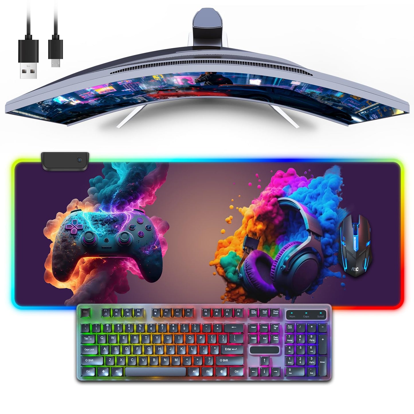 RGB Gaming Mouse Pad, Large Mousepad with LED Light 13 Light Modes Touch Control Extended Soft Computer Keyboard Mat Pad, Desk Mat with Non-Slip Rubber Base for MacBook Laptop(31.5X11.8, Game Handle)