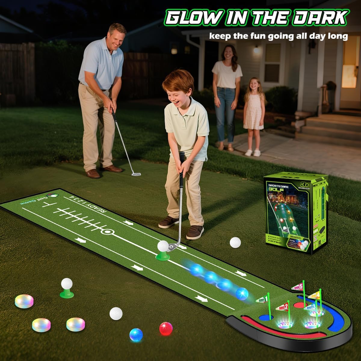 Upgraded Golf Putting Mat for Kids, 7.8 Ft Putting Green with LED Light up Holes, Glowing Balls, 2 Clubs, Toy Golf Game Set, Golfing Mats Indoor Outdoor, Sport Golf Gift for Kids Teens Family