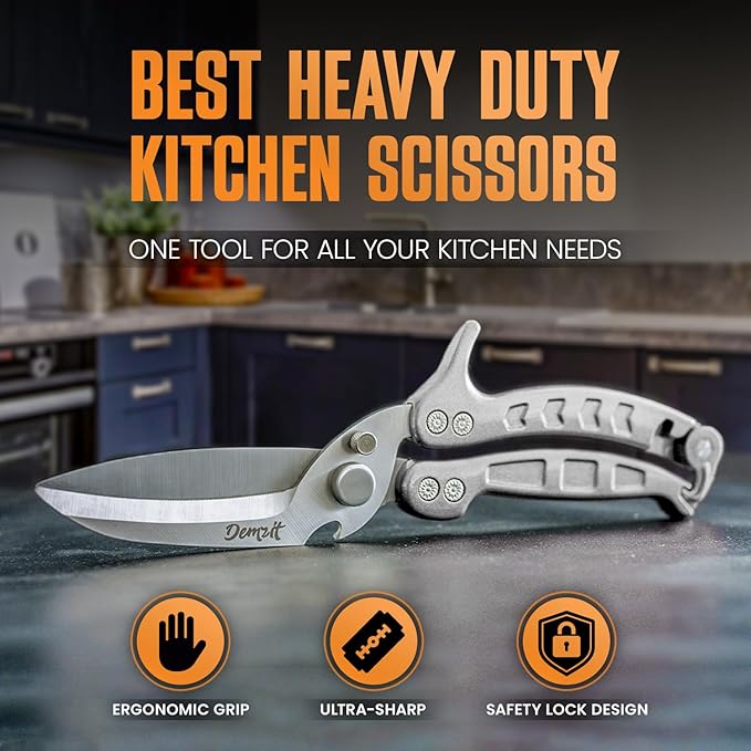 Poultry Shears, Kitchen Shears Heavy Duty for Food With Anti-Slip Handle & Safety Lock, Meat Scissors, Chicken, Lobster, Quail, Fish, Food Cutting Scissors, Bone Cutter (Ultra shears Silver)