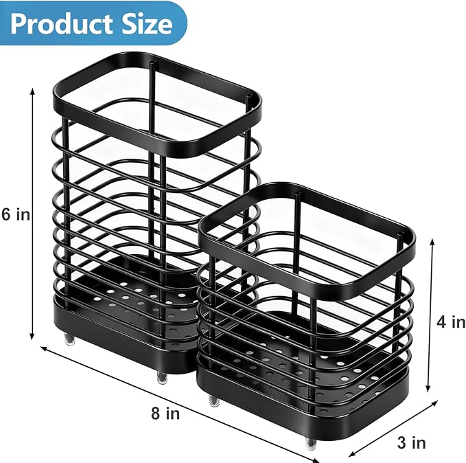 Utensil Holder, Stainless Steel Utensil Drying Rack for Kitchen Counter, Silverware Cutlery Flatware Holder Forks, Knives, Spoons, Chopsticks Organizer (Black, Tall & Short)