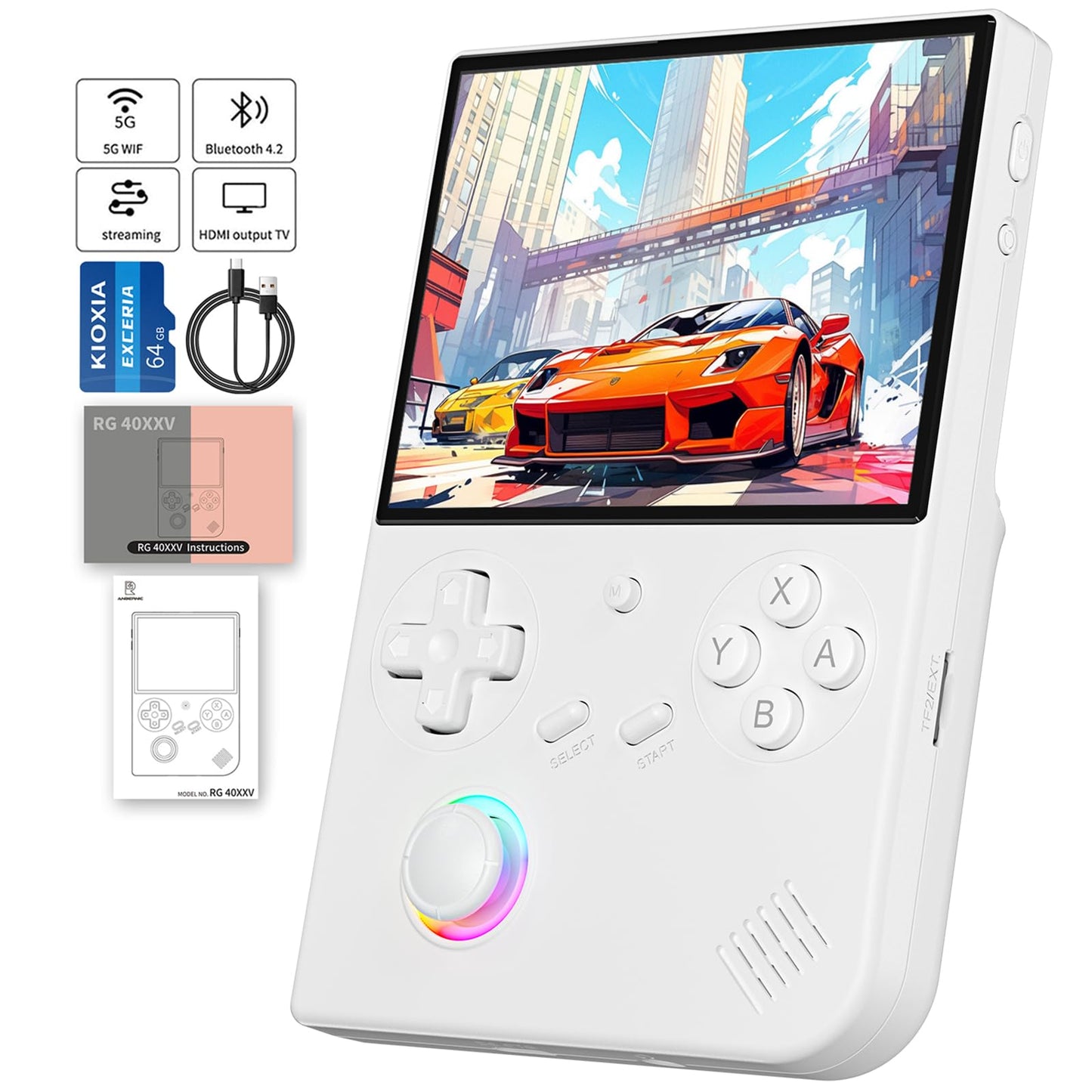RG40XX V Handheld Game Consoles RG40XXV Retro Game Console Built-in 64G TF Card Preloaded Games 5000+ RG 40XXV Portable Gaming Console Linux 64-bit Supports WiFi Bluetooth HD Output White