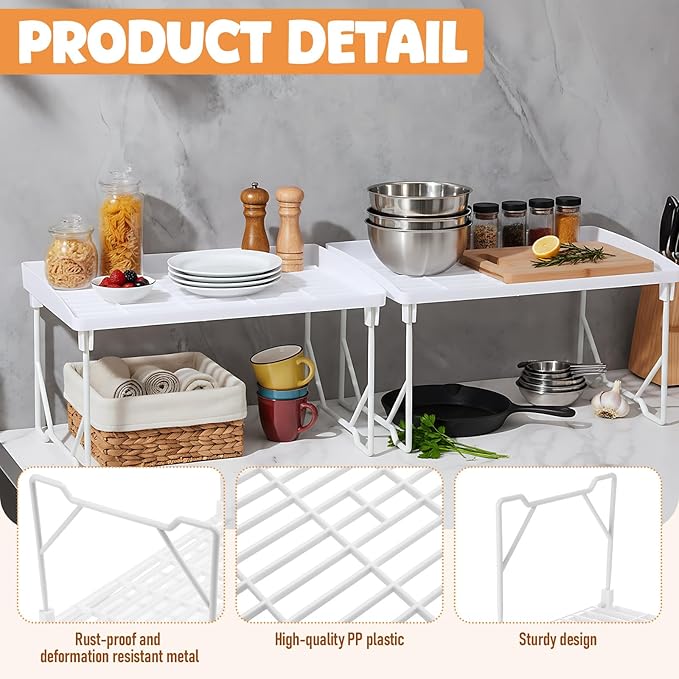 6 Pack Stackable Plastic Kitchen Storage Shelf Foldable Racks, Pantry Shelf Cabinet Organizers, Expandable Storage Rack for Cabinet Fridge Bathroom (12.4 X 7.6 x 6.3,White)