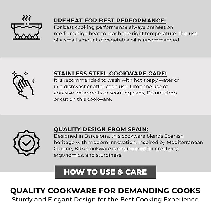 BRA COOKWARE Signature 5 Piece Cookware Set | Stainless Steel Professional Kitchenware Set | 1 Pot, 1 Colander, 2 Frying Pans, 1 Lid | All Stovetop Compatible | PFOA Free