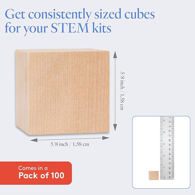 DIY Wooden Cubes 5/8-inch, Pack of 100 Small Blank Wooden Blocks, Unfinished Wood Blocks for Crafts, STEM, Dice, and Building Blocks for Stacking, by Woodpeckers