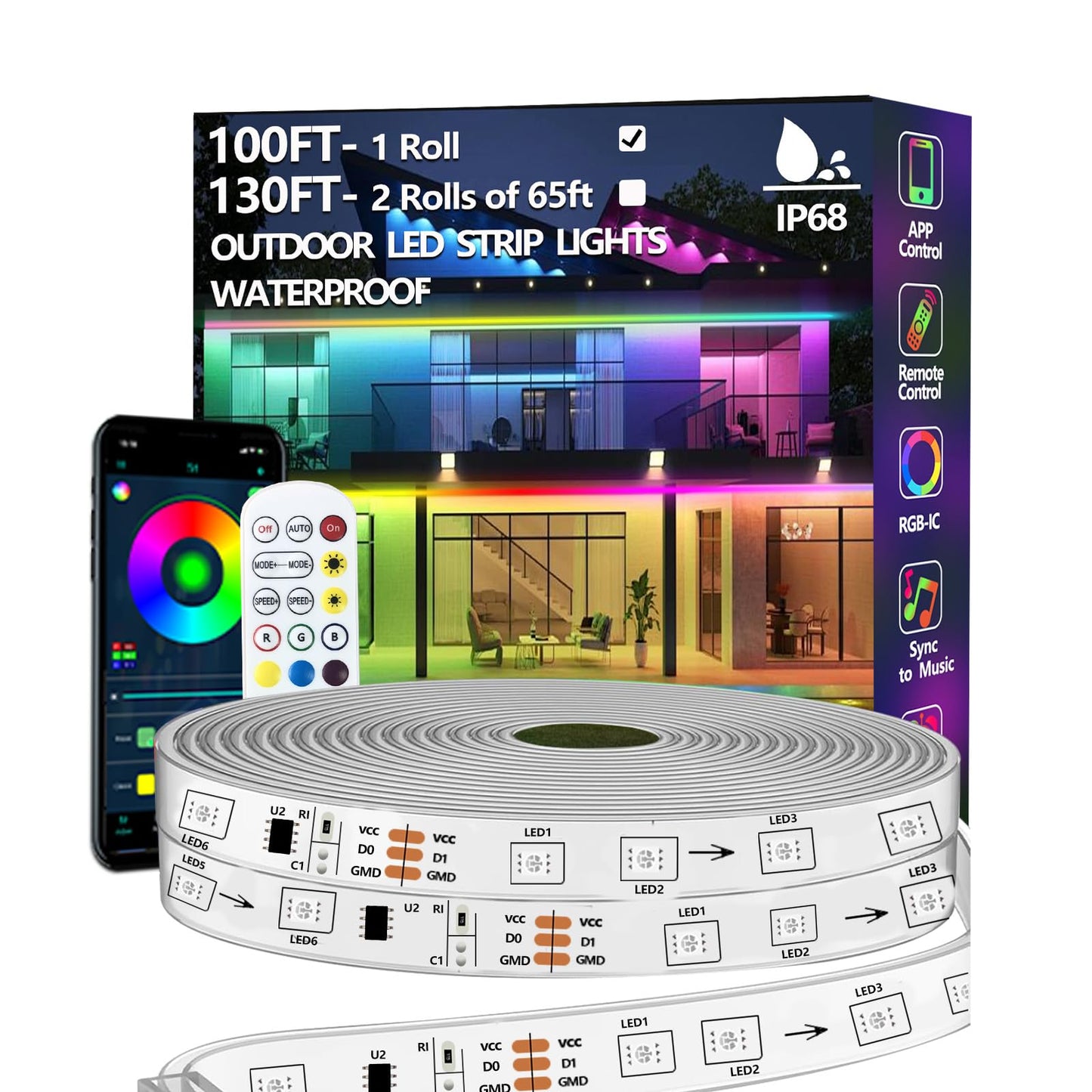 Bvokon 100FT Outdoor LED Strip Light, IP68 Waterproof, RGB+IC, App/Remote Control, Multicolor