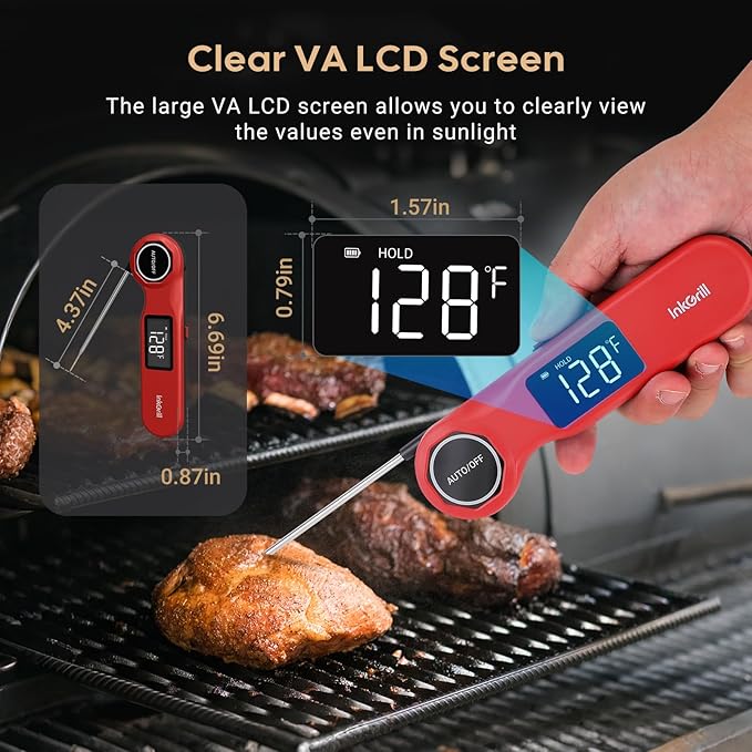 Rechargeable 0.5 Seconds Instant Read Meat Thermometer for Cooking, ±0.5℉ Accuracy Digital Food Thermometer with Large Screen, IP65 Waterproof Kitchen Thermometer with Magnets for Grilling Frying BBQ