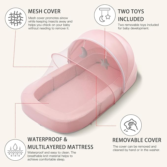 Todldler Baby Travel Bassinet Bed & Chair, Fold Out Sofa Couch Lounger with 2-1 Mosquito & Canopy, Foldable Portable Travel Cot with Foam Raised Safety Bumpers for Infant Toddlers 0-36 Months (Pink)