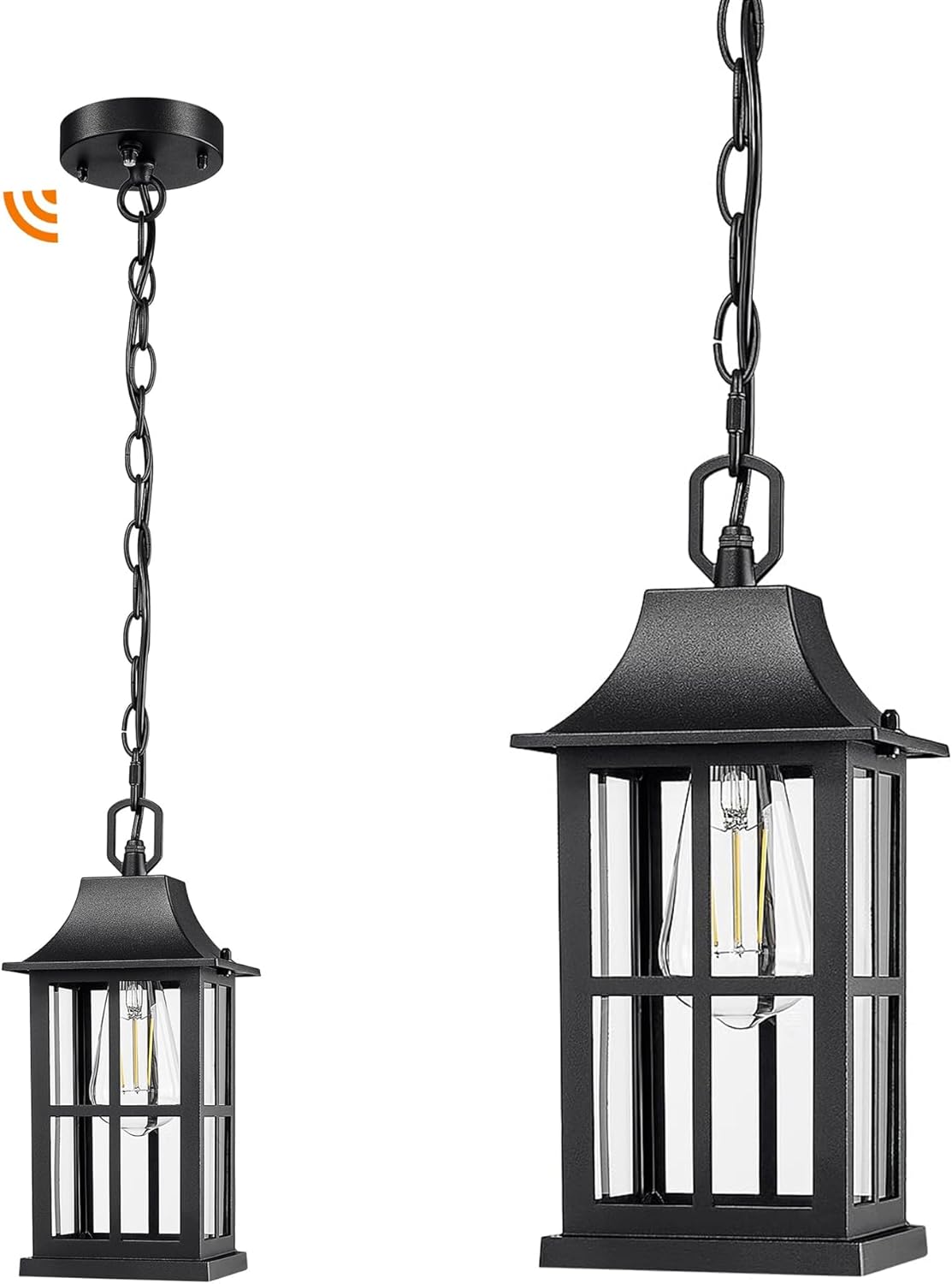 Emliviar 10.6" Dusk to Dawn Outdoor Pendant Light, Black Hanging Porch Light with Clear Glass Shade, Weatherproof Ceiling Lamp for Patio, Auto On/Off, YXE306H-PC BK