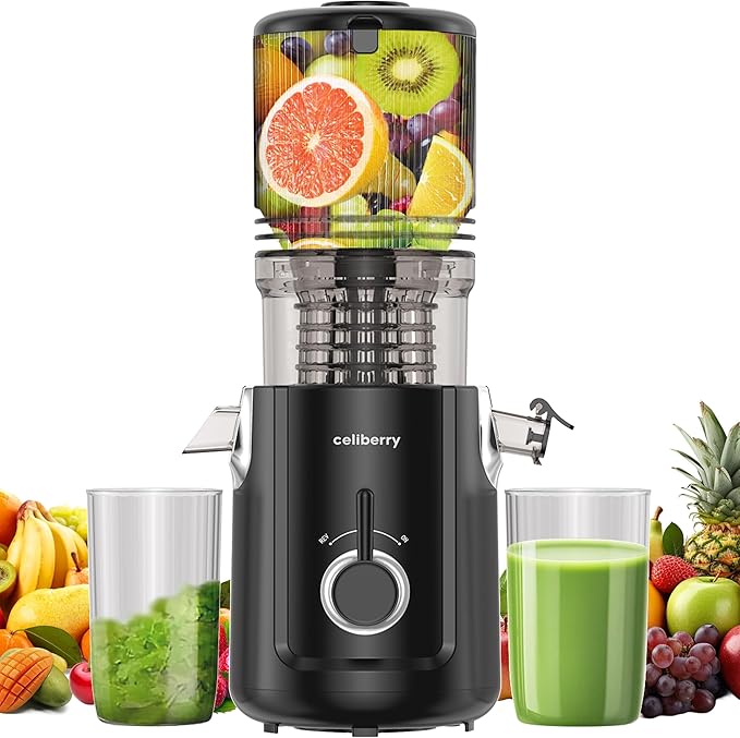 Cold Press Juicer Machines, 5.3” Large Feed Chute Slow Masticating Juicer for Whole Fruits & Vegetables, 300W Quiet Juice Extractor, Easy to Clean, 99% High Juice Yield, Black