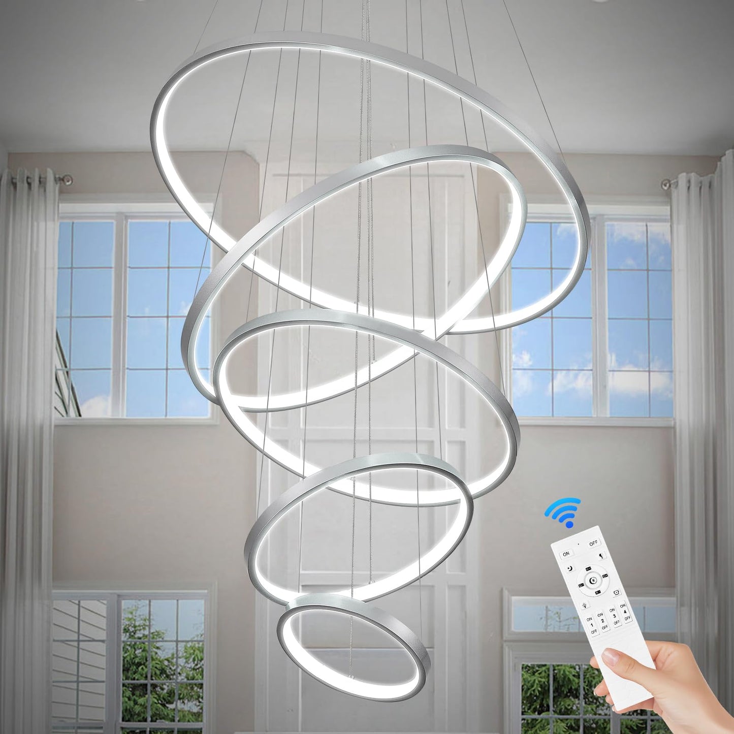 Sparklelf LED Chandelier, 5 Rings, Dimmable, 23.6in, Silver, Model P16-5SDC1, Modern Pendant Lighting for Foyer and Living Room
