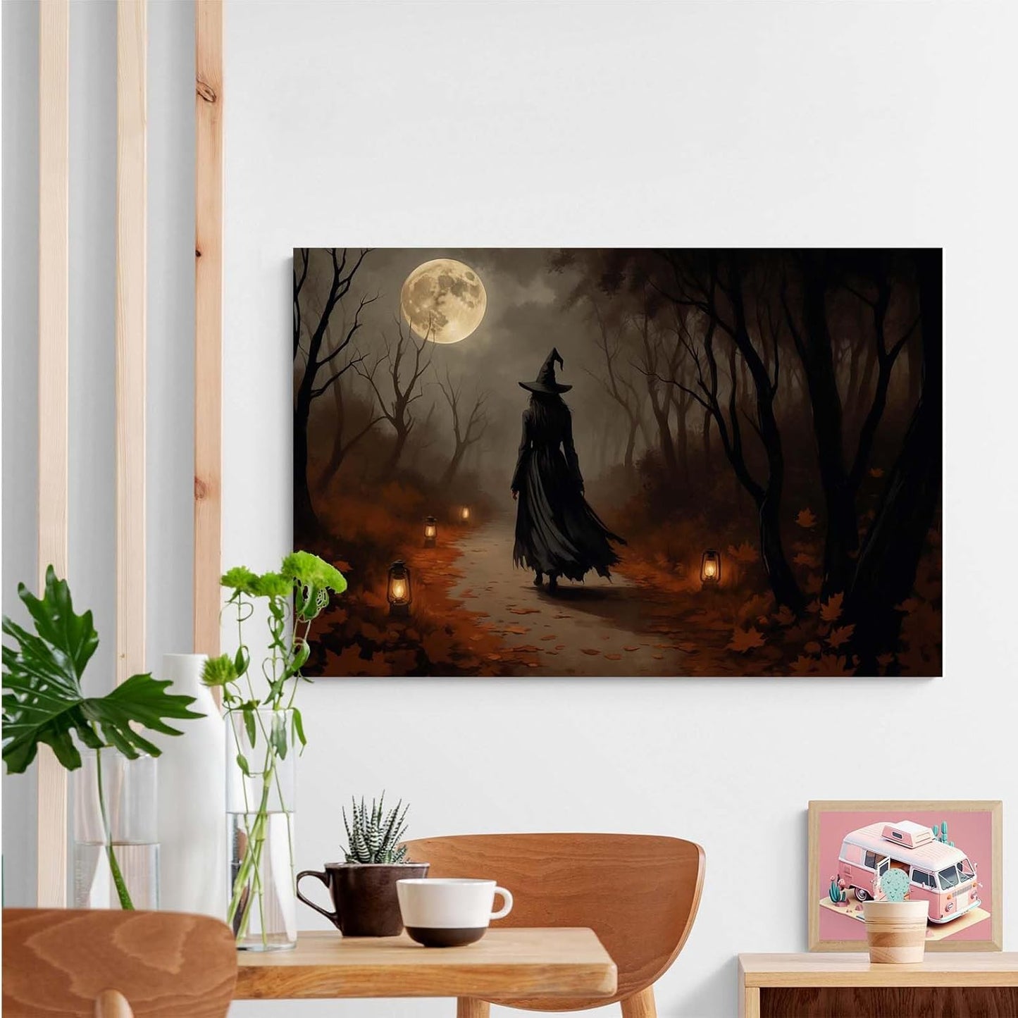 JFHCQJPK Moonlight witch poster dim lantern Halloween decoration Gothic style dark retro college style canvas wall art suitable for living room bedroom8x12in Frameless
