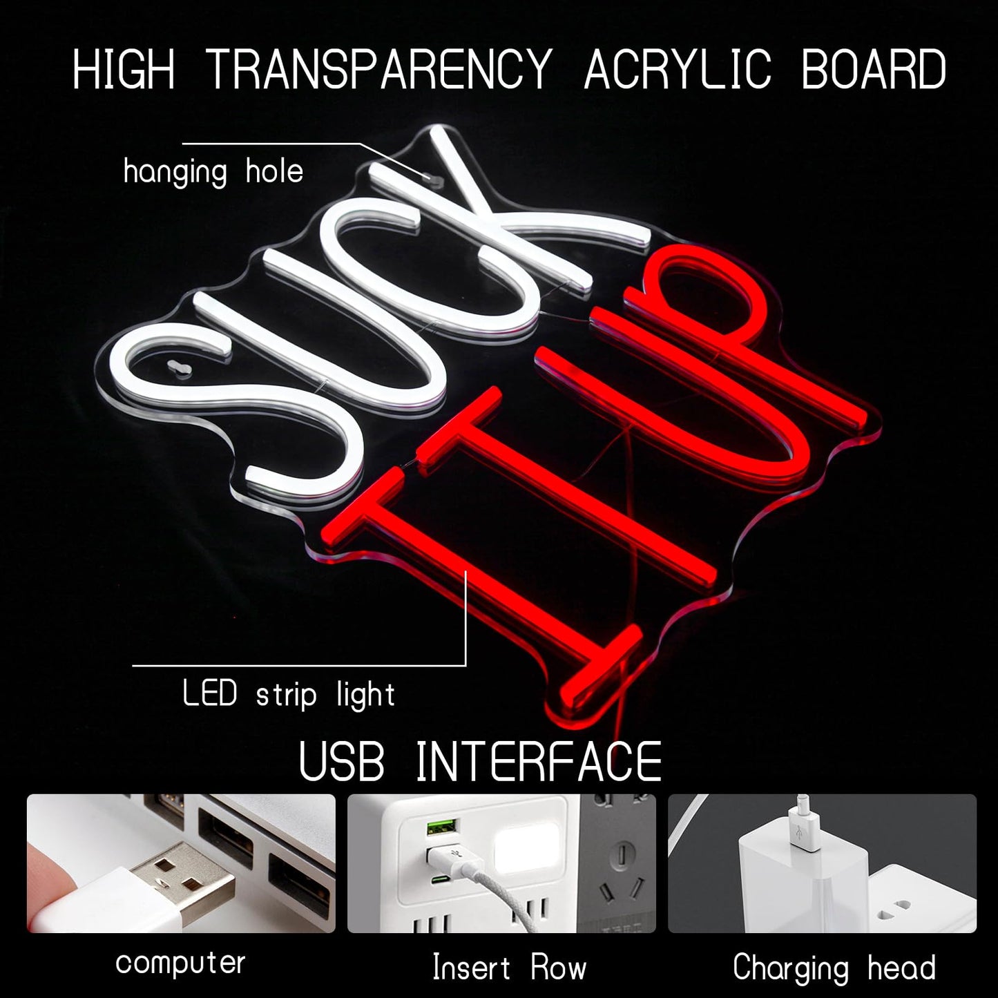 Mvorixa Suck It Up Neon Sign, Dimmable Funny Motivational LED Wall Light, Cool White & Red Neon Lights, USB Powered, 11.18x12.87 in, Home Office, Bedroom, Game Room, Man Cave, Teen Dorm Quotes Wall Decor