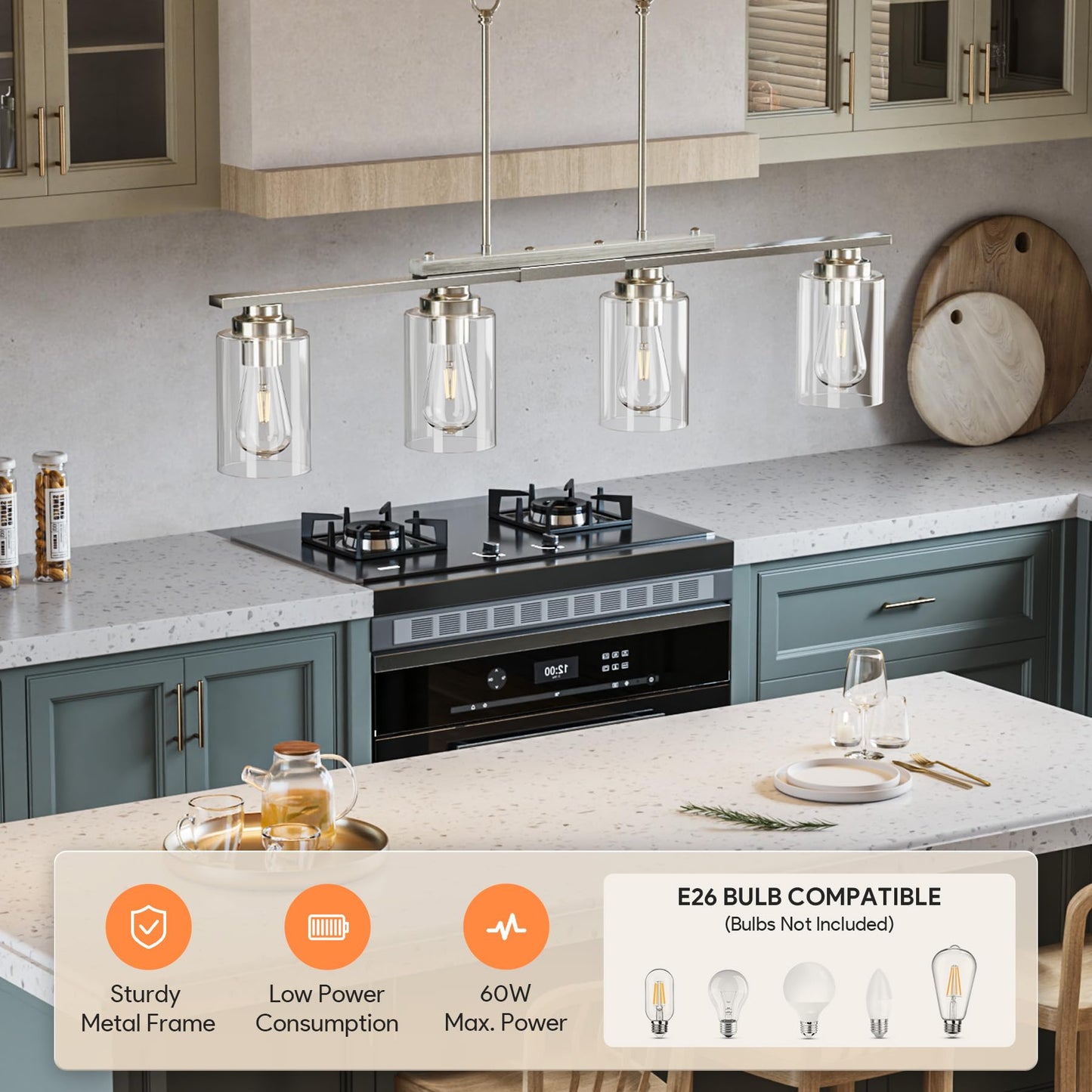 Vonluce Kitchen Island Lighting  4-Light Dining Room Light Fixture Over Table With Glass Shade And Adjustable Rods  Farmhouse Linear Chandelier For Kitchen Island  Brushed Nickel  Etl Certificated