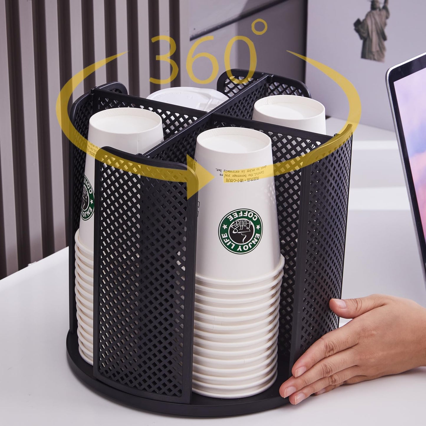 YTROG Coffee Cup Dispenser, Disposable Paper Cup and Lid Holder 360° Rotatable with 4 Compartments,Can Stacking 3-16oz Cups and Lid Holder for Coffee Shop,Home Countertop,Office,Restaurant,Kitchen